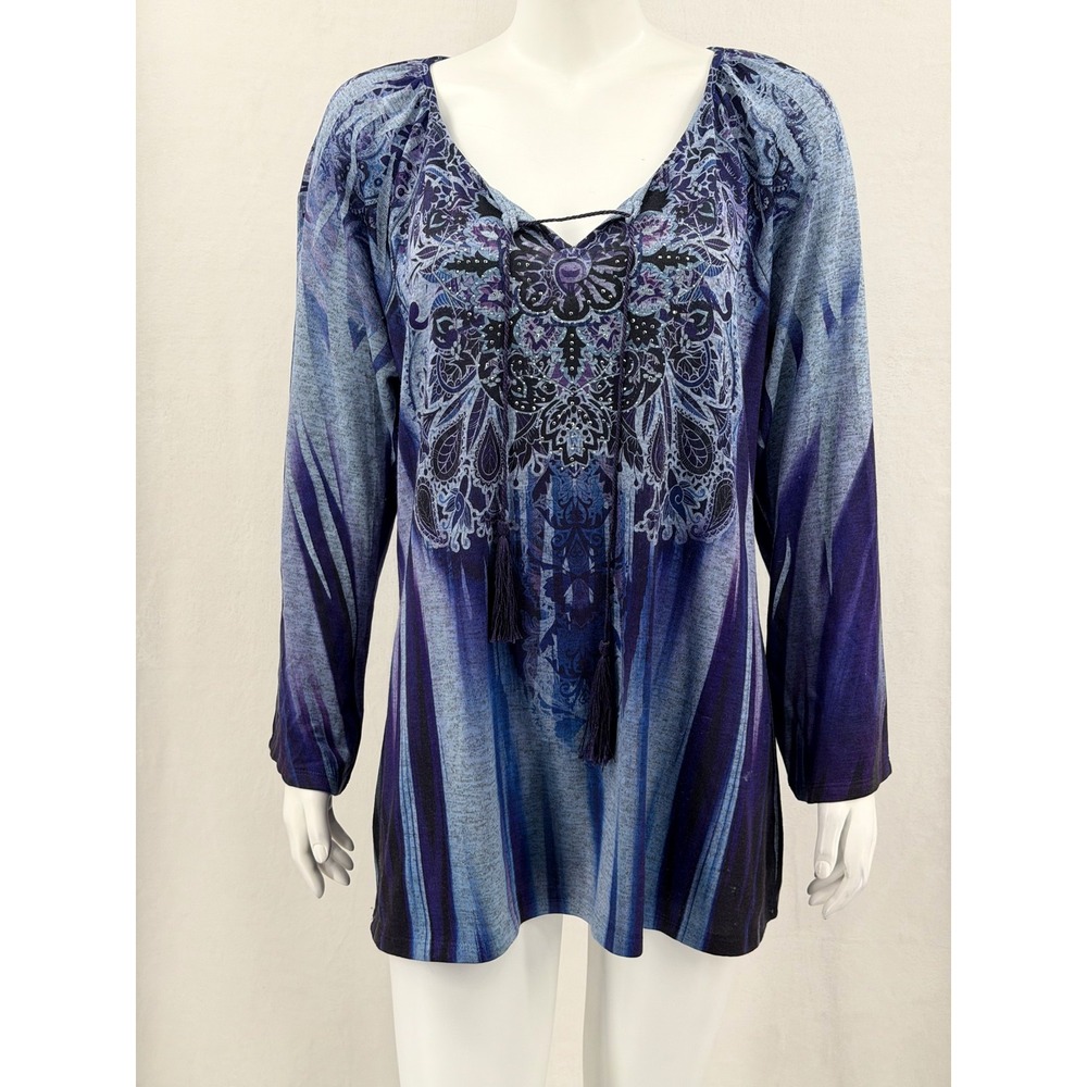 One World Top Womens 1X Blue Purple Boho Paisley Embellished Stretch Artsy Knit
